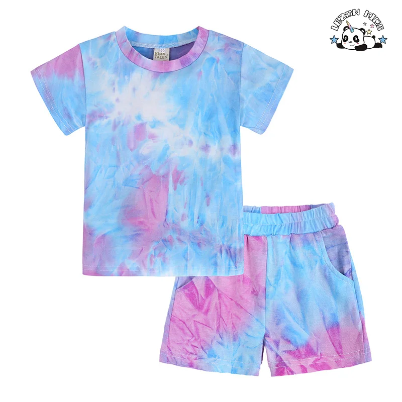 LEZONKIDS - Conjunto de Roupas Femininas de Manga Curta de Alta Qualidade, 2 Peças, Camiseta Tie-dye para Meninas de 2 a 14 anos